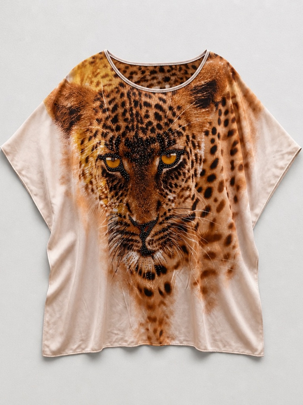 Leopard Print Satin Tunic Top - Cream and Brown